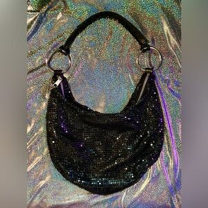 Vintage Y2K Black Mesh Hobo Bag w/ Silver Rings & Accents